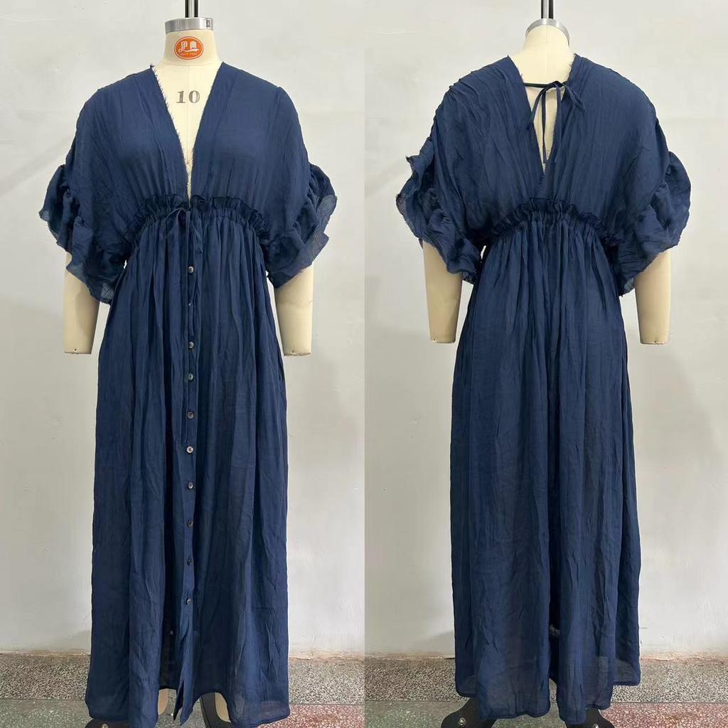 Mode Kurzarm Tiefer V-Ausschnitt Locker Maxi Langes Kleid Damen Einfarbig Elegant Strand Sonnenschutz Party Hemdkleid Schnürung Lässig Schlichte Kleidung