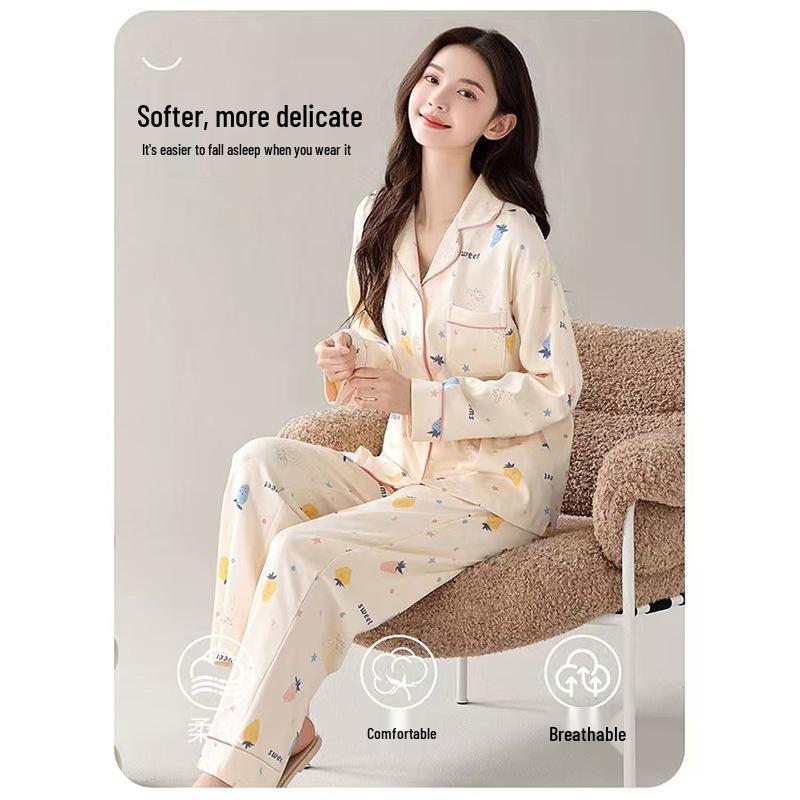 Women's Long Sleeve Fleece Pajamas Set - Korean Style Casual Lapel Homewear for Autumn and Winter
