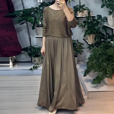 Women's Two Piece Skirt Set Shining Round Neck Long Sleeve Top And High Waist A-Line Maxi Skirt Set Casual Sparkly Outfit