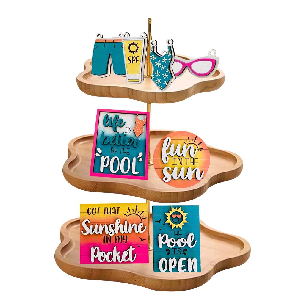 Tiered Tray Stand Wood Tiered Serving Tray Decor Holder Summer Beach Farmhouse Decorative Wooden Tiered Stand Kitchen