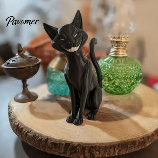 Creepy Cute Cat Statue 3D Printed Grinning Black Statue, Sitting Figurine, Dark Animal Collectibles Style Sculpture, Halloween Decorative Figurine for