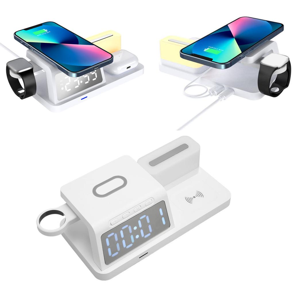 Multifunctional Alarm Clock Wireless with Night Light Calendar for Phone Watch Earphone