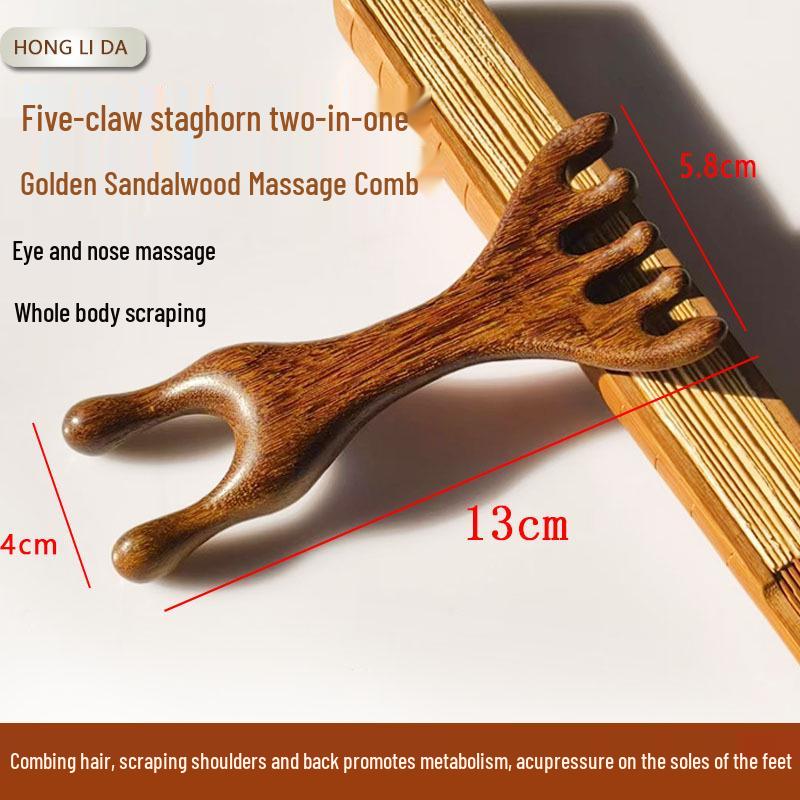 

Gold Sandalwood Dual-Use Comb & Massage Tool with Long Handle