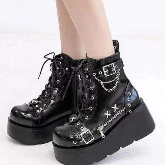Demonia Thick-Soled Round-Toe Boots with Buckle and Lace-Up Design