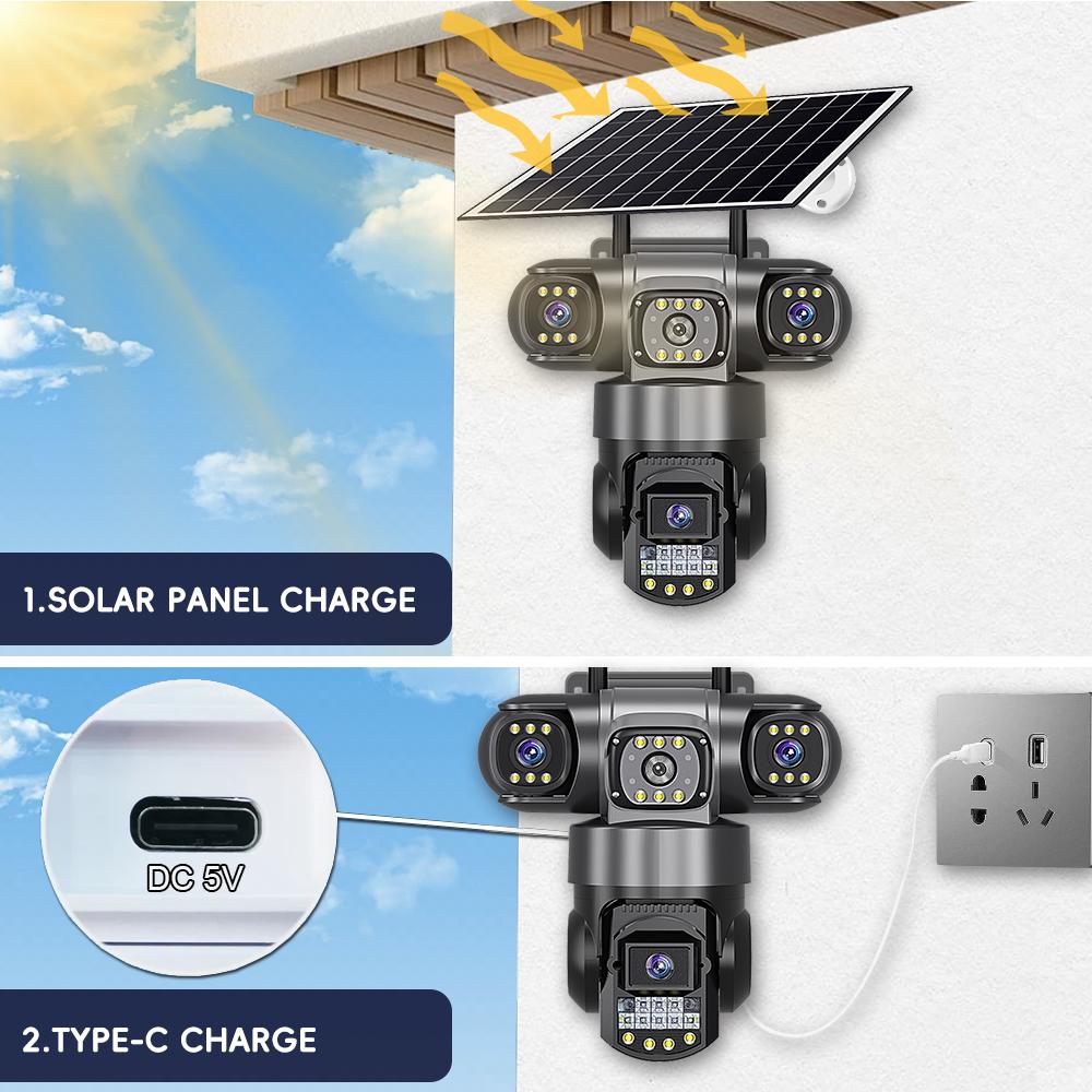 4G True Three-eye Three-lens Monitor with Night Vision and All-day Recording, Low Power Consumption Home AOV Solar Camera