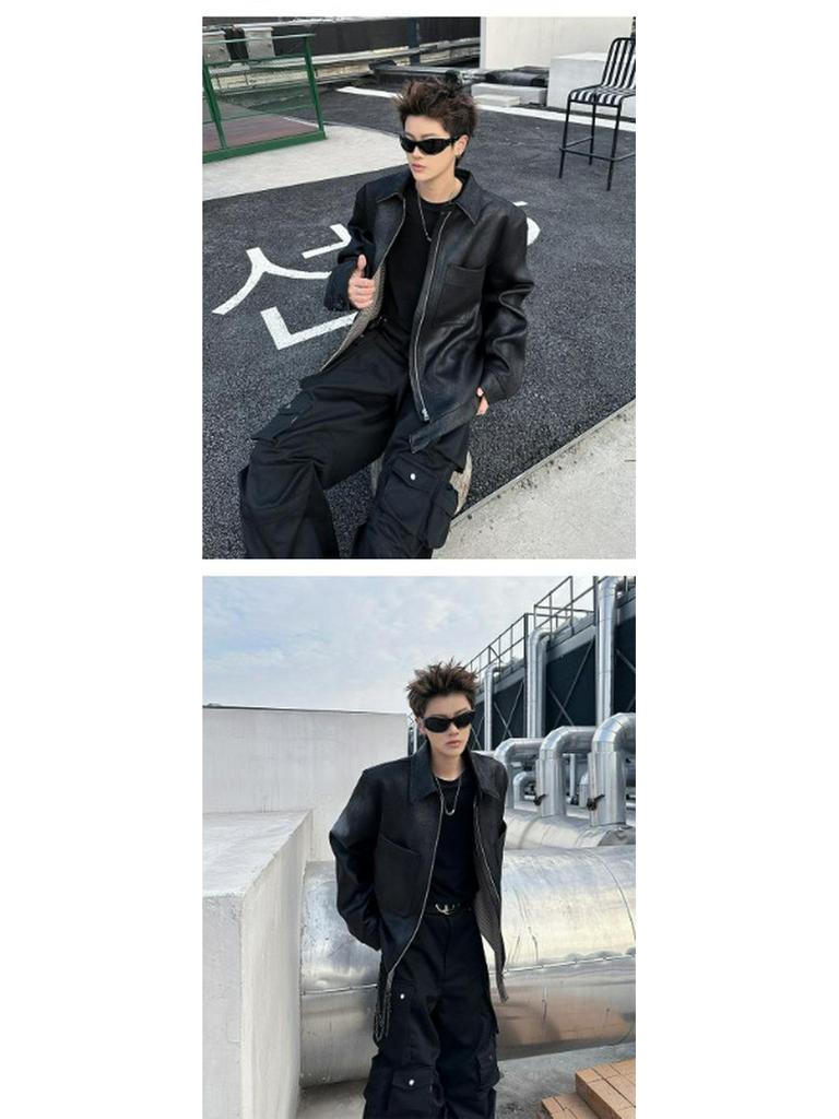 Men's High Street Trendy PU Leather Plaid Jacket - Autumn/Winter Short Casual Style