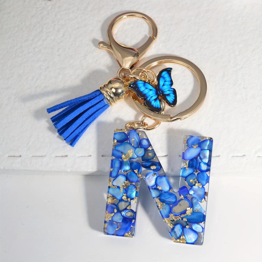 1pc Custom Blue Alphabet Letter Keychain with Butterfly Pendant Resin Ladies Key Ring with Tassel - Elegant Accessory for Bags Backpacks