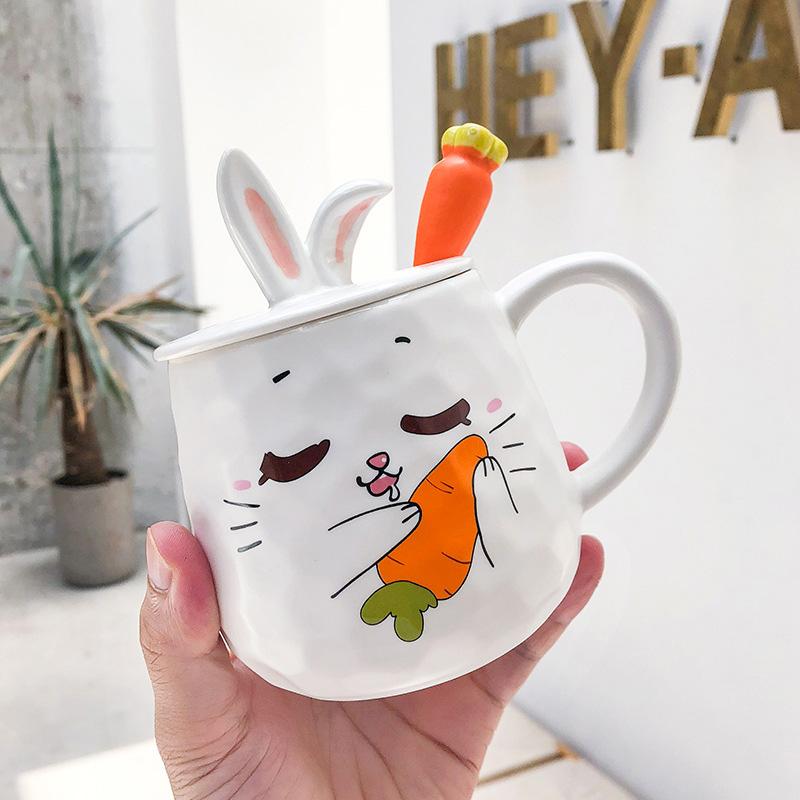 

Cartoon Radish Rabbit Mug with Lid Spoon Hand Drawn Happy Expression Cup Drinkware Coffee Tea Cups Novelty Gifts Milk Cup 301-400ml