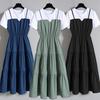 Mid Dress Color Block Short Sleeve Women Round Neck Waist Tight Dress for Dating