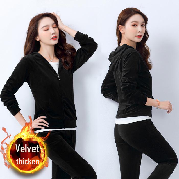 Dámská zimní sportovní dvoudílná souprava ze zlatého sametu: Stylový svetr a kalhoty se širokými nohavicemi