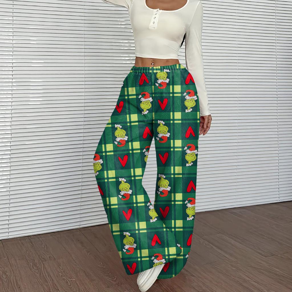 Women's Casual Christmas Print Elastic Waist Loose Fit With Plush Wide Leg Pants