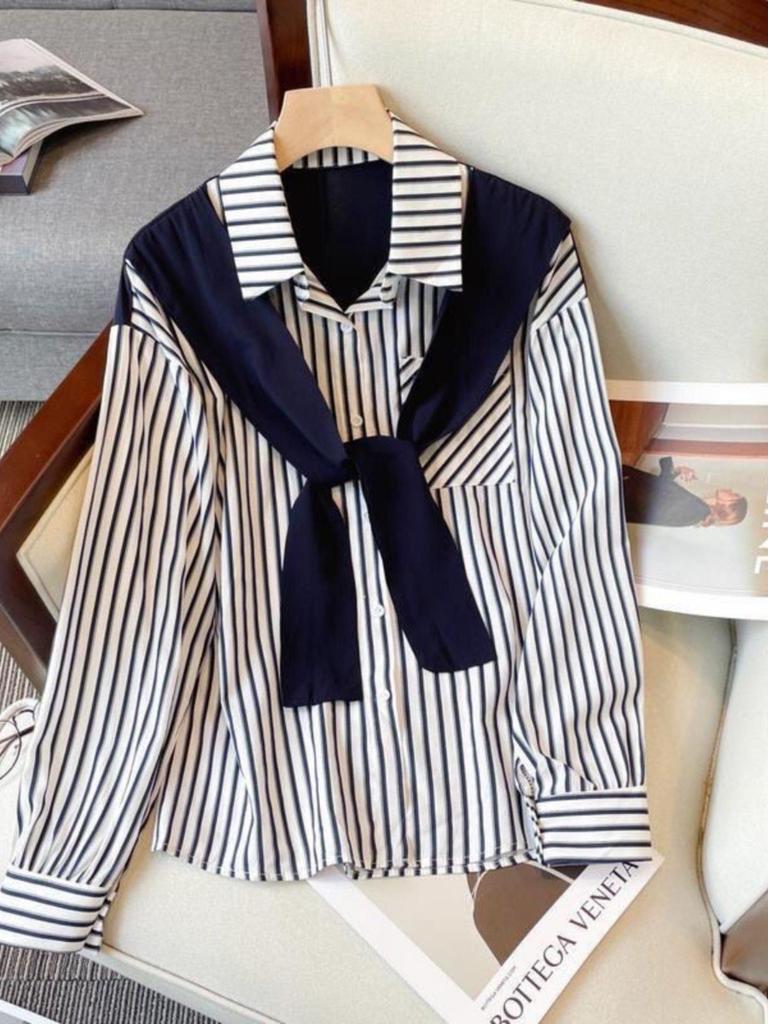 Women's Striped Patchwork Shawl Shirt - Loose, Long Sleeve, Early Spring 2026 Arrival
