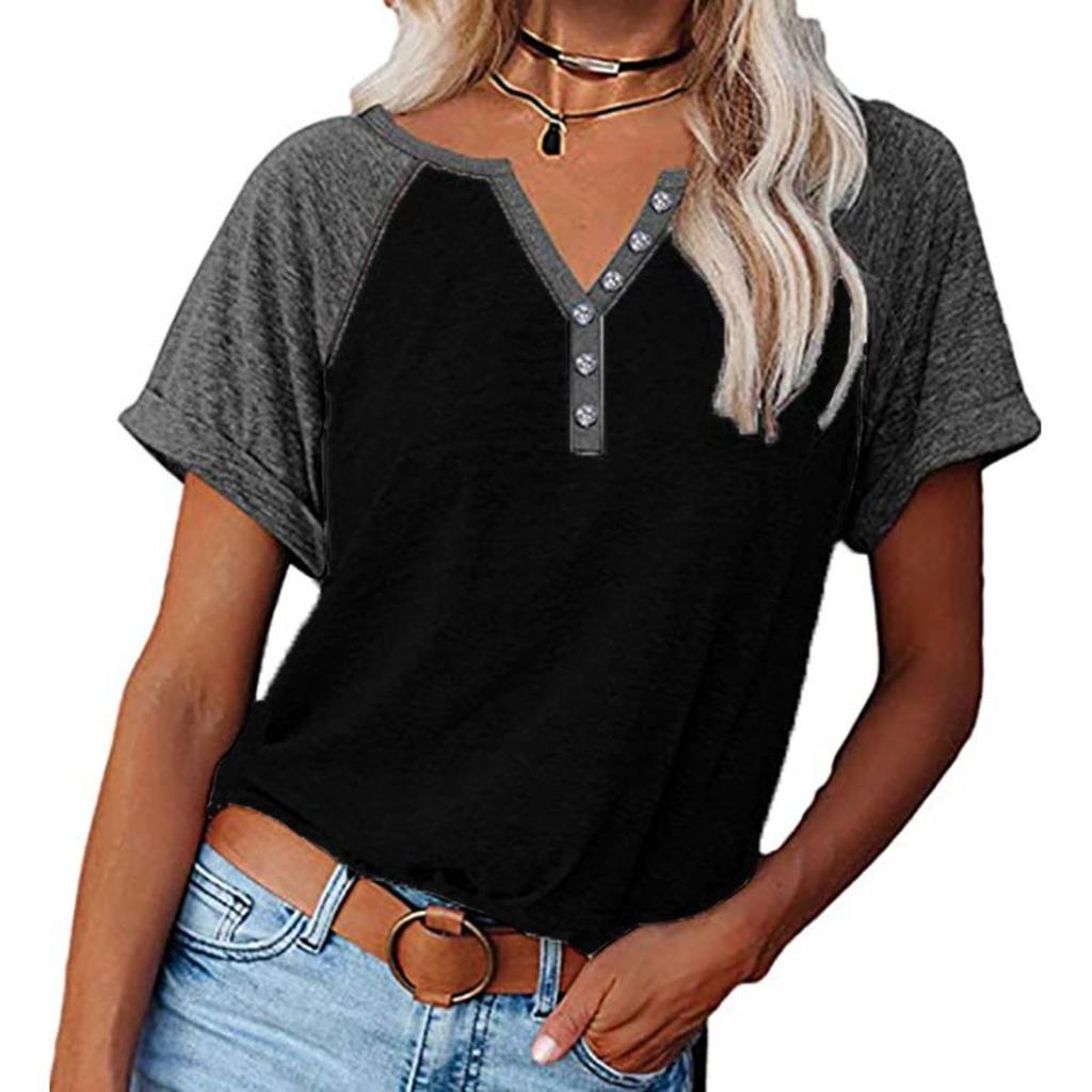 Loose Women's Short Sleeve V-Neck Color Block Casual T-shirt Button Decor Top