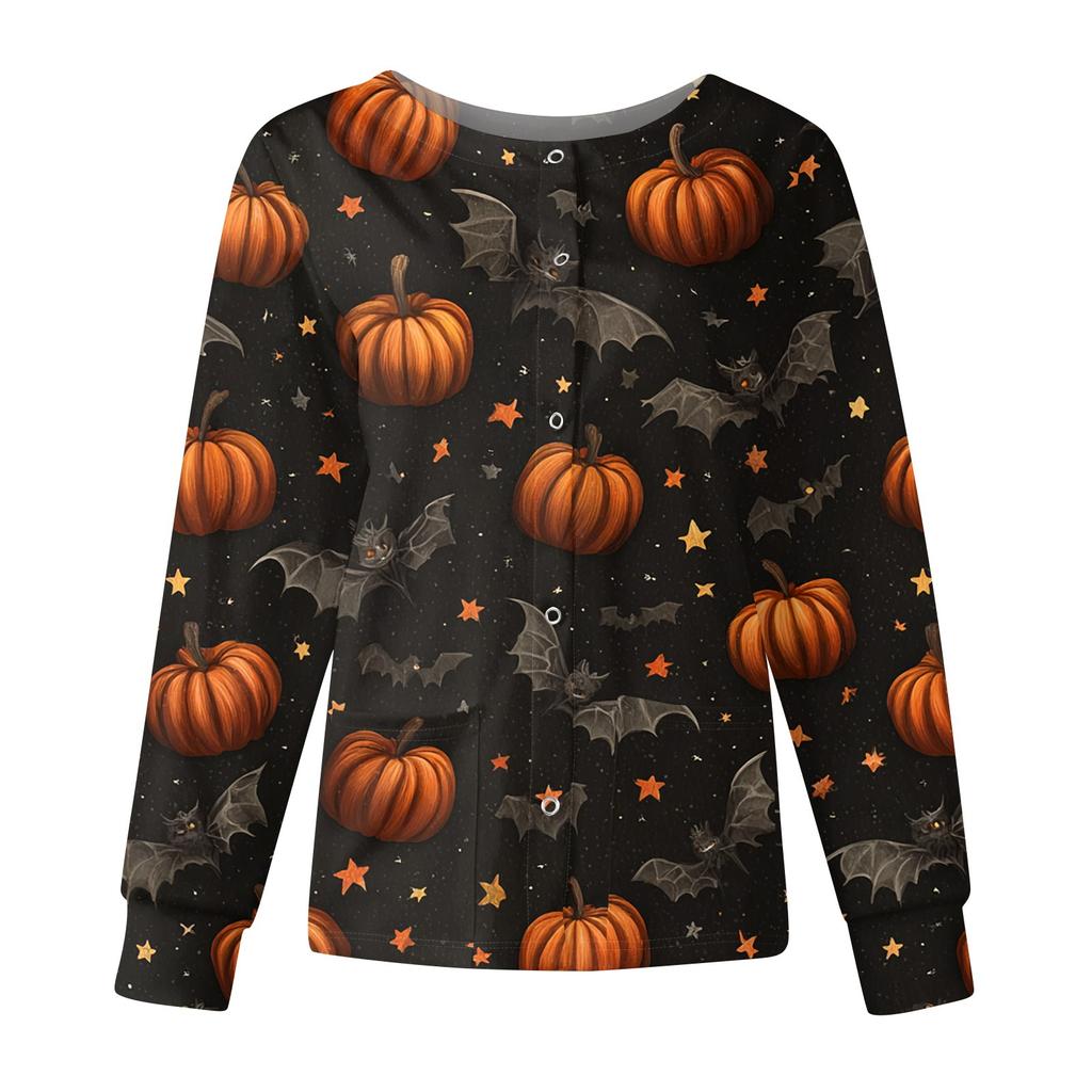 Women's Casual Fashion Long Sleeve Standing Collar Single Breasted Halloween Printed Workwear Jacket Tops