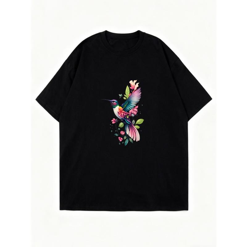 Oversized T Shirt Dress Black Hummingbird And Flowers Print Casual Wear