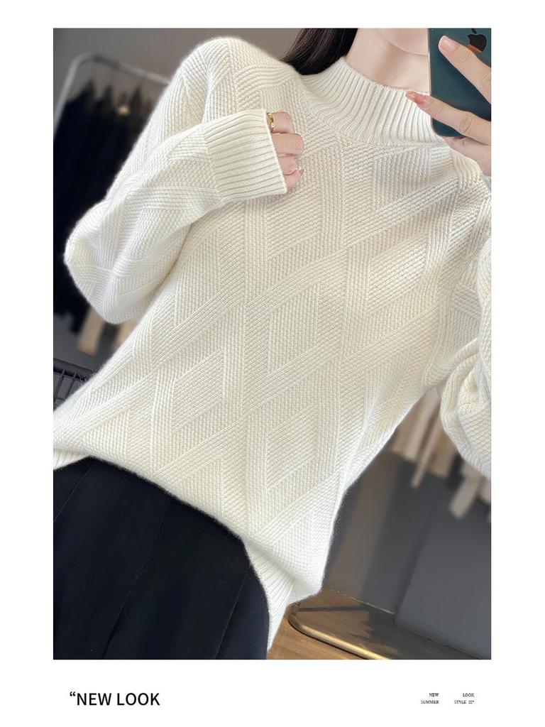Versatile Women's Wool Sweater: Half-High Neck, Solid Color, Diamond Cable Knit, Warm & Comfortable Pullover