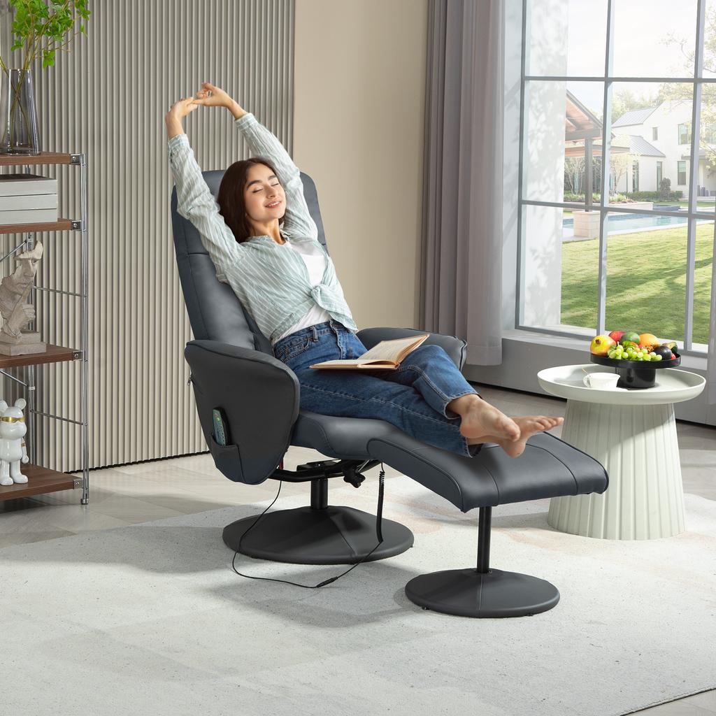 Massage Chair with Footstool, Ergonomic Chair with 10 Vibration Points, Faux Leather, 76 X 81 X 105 Cm, Dark Grey