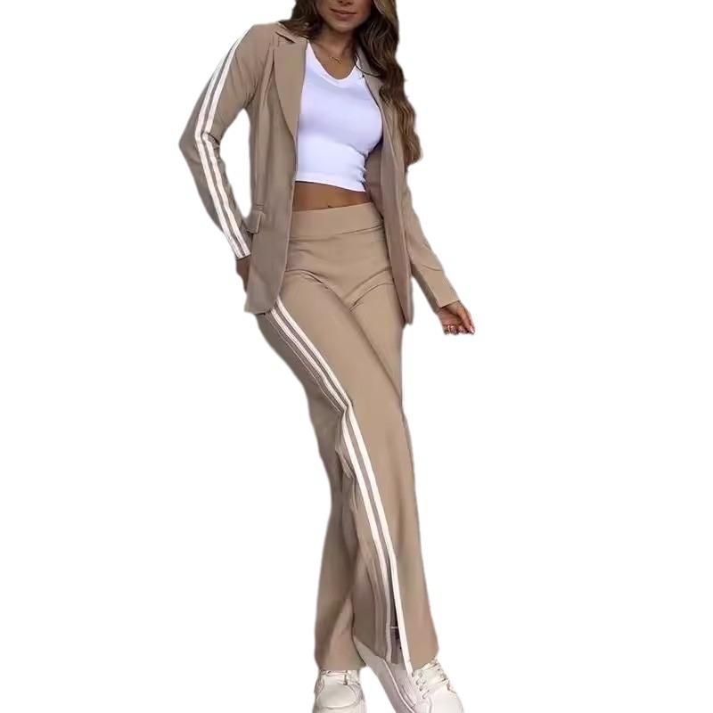 Women's set autumn and winter casual long-sleeved lapel striped blazer and straight pants two-piece set