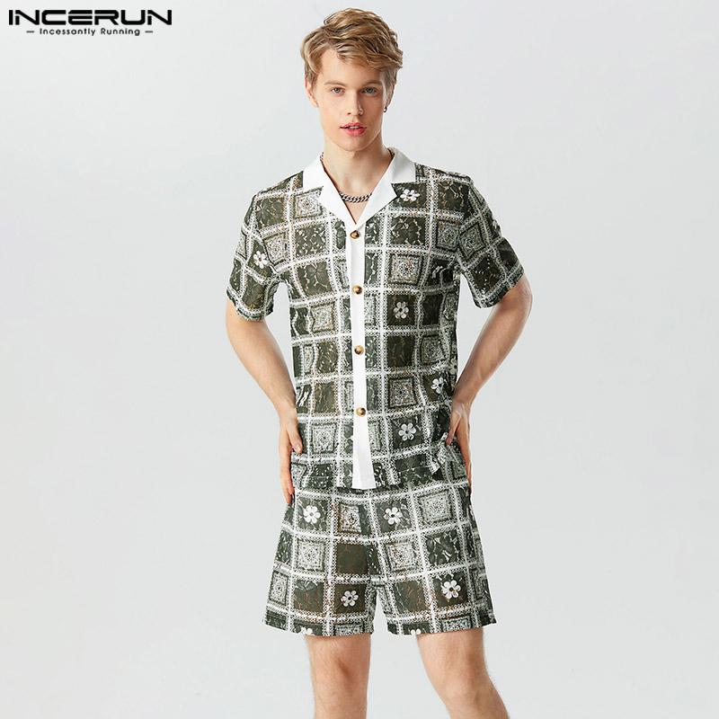 

INCERUN Мужская кружевная полая рубашка с короткими рукавами и шорты, повседневный летний праздничный костюм