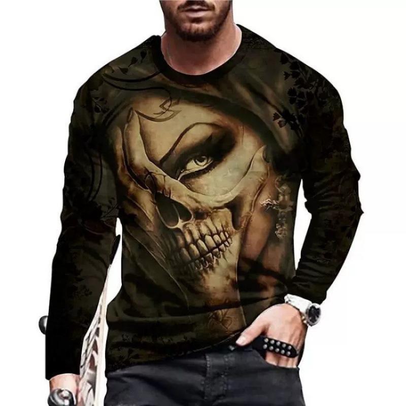 New 3D Skull Printed Street Trendy Loose Casual Men's Round Neck Long Sleeve T-shirt