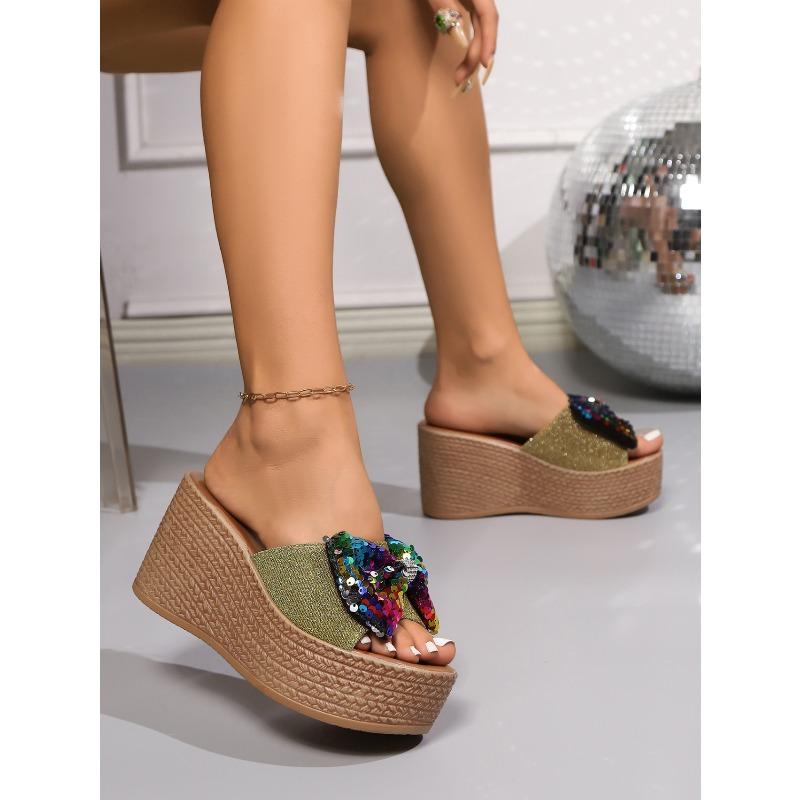 Sequin Bow Platform Sandals for Women 2025 Summer New Arrival Plus Size Thick Sole Strappy Sandals