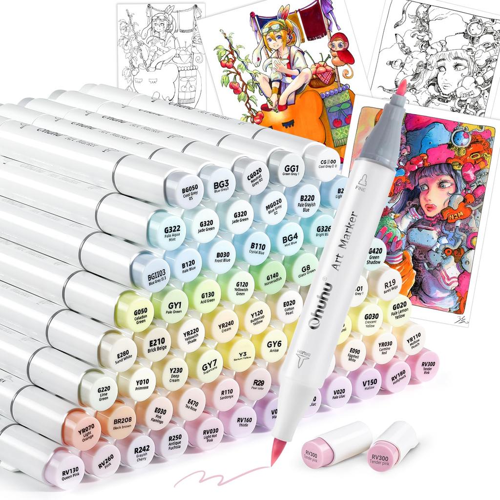 Ohuhu Marker Brush 96 Light Professional Includes 1 Blender Honolulu B Series Pens, Type, Shades, Pastel/Illustration Markers, Brush/Fine Tip, Pen,