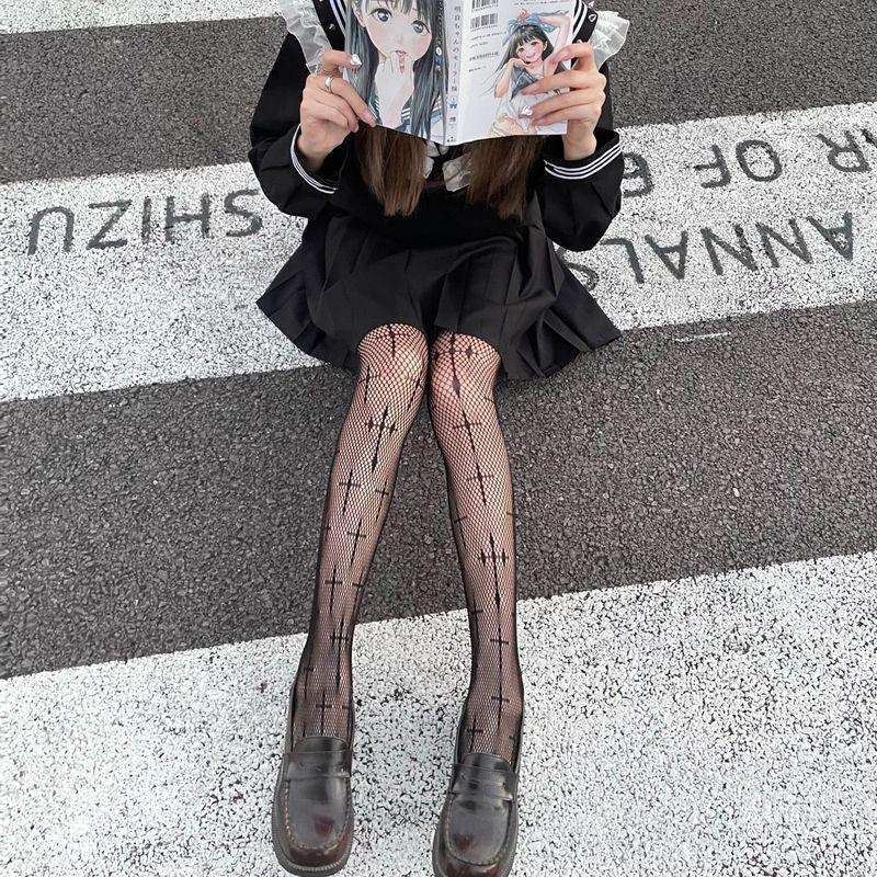 Goth Lolita Cosplay JK Girls Tights Women Sexy Retro Gothic Kawaii Cross Print Club Stockings Nylon Socks Fishnet Pantyhose