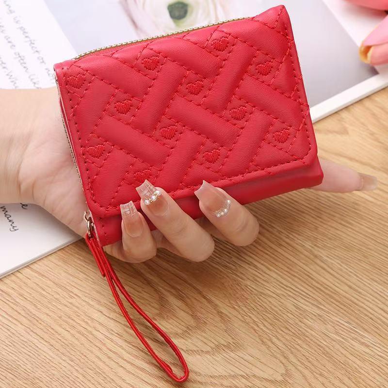 Women'S Wallet Tri Fold Card Bag Pu Multi Objects Pocket Short  Embroidered Love Pattern Korean Minimalist