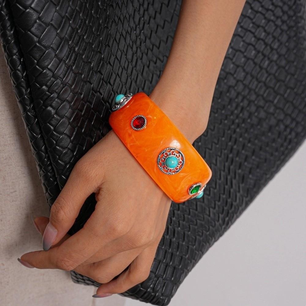 Bohemian Acrylic Rhinestone Bangle Wide Retro Hand Ring Turquoise Acrylic Bracelet  Lady Girls