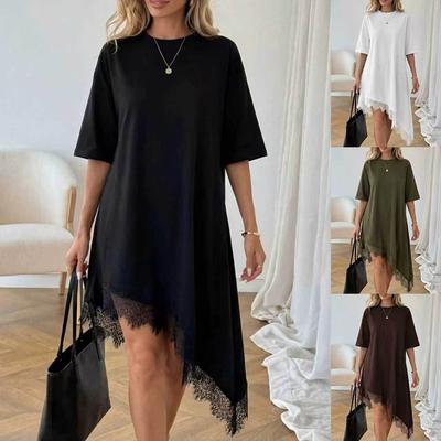 Women Solid Color Dress Oversized Crew Neck Short Sleeve Lace Hem Asymmetric Casual Loose Summer Mini Dress