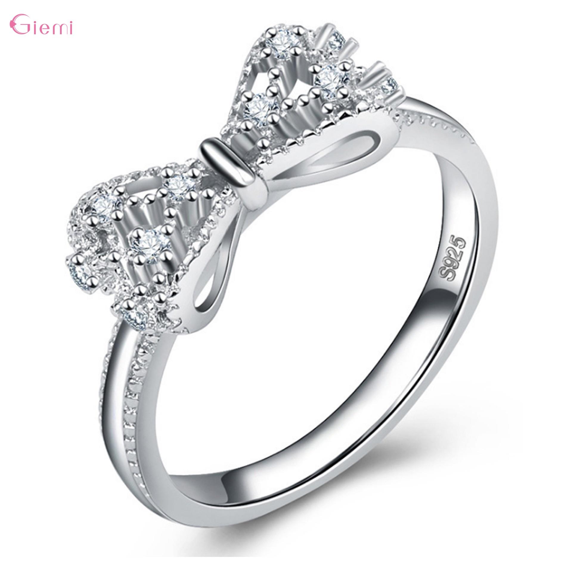 

925 Silver Bowknot Bow Knot Cubic Zirconia Rhinestone Rings For Women Fashion Trendy Wedding Engagement Jewelry 6