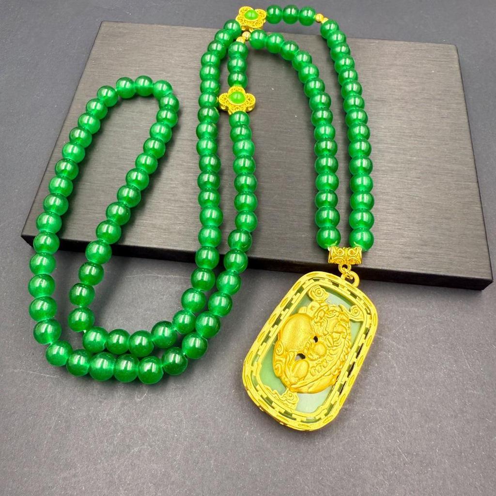 Ethnic Style Jade Pendant Necklace with Guanyin, Dragon, and Phoenix Design