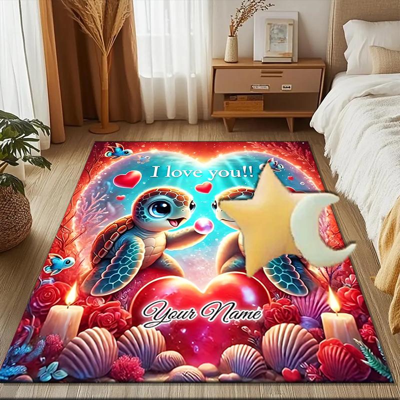 1PC Custom Name Love Turtles Heart Candles Theme Floor Mat Ideal for Living Room, Game Rooms, Office, Bedroom, Floor Mat Playful Design