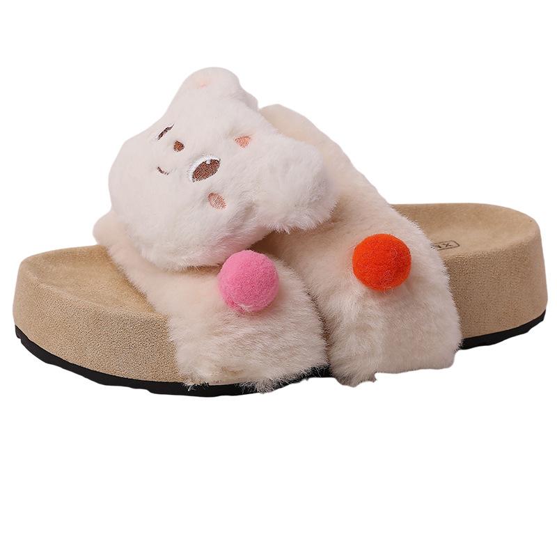 Soft cute bear hairball casual fluffy slippers women's autumn and winter cute cartoon Mori character with home platform cotton shoes