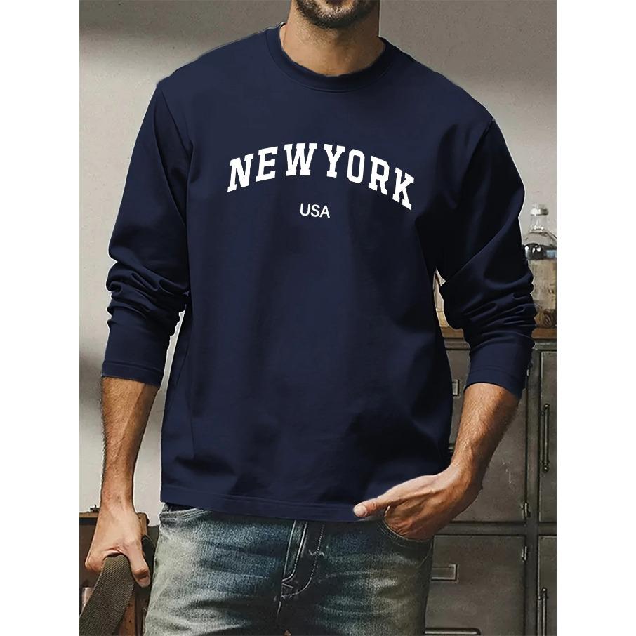 

Men s Comfortable Sports Casual Loose Plus Size New York USA Printed Round Neck Long Sleeved T-shirt Top 5XL