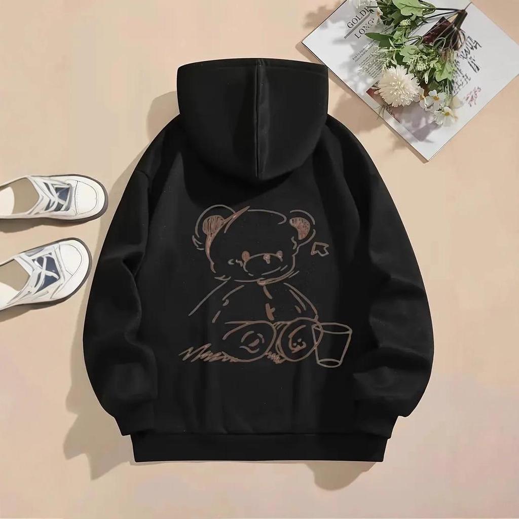 2025 Fashion Cute Bear Cartoon Pullover Hoodie with Drop Shoulder Sleeves