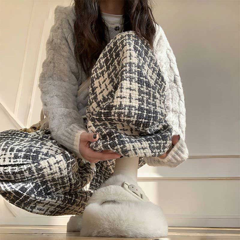 Pants for Women Plush High Waist Long Trousers Plaid Double Layer Thickened Stretchy Casua Pants