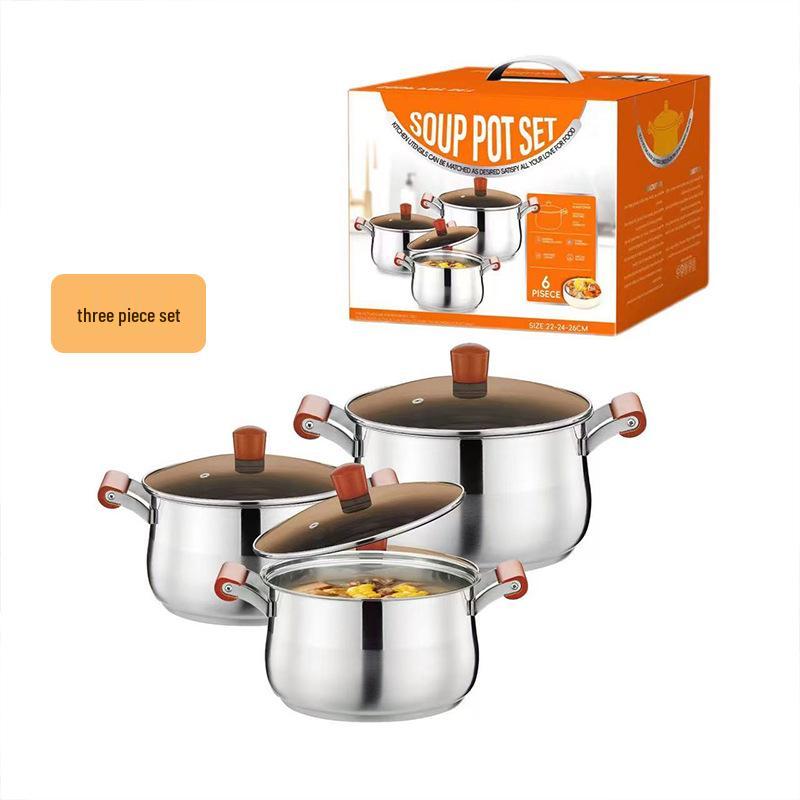 Beech Wood Handle Cookware Set: 5PC Stainless Steel Pot Set with Milk Pot, Double-Ear Soup Steamer, and Gift-Ready Packaging.