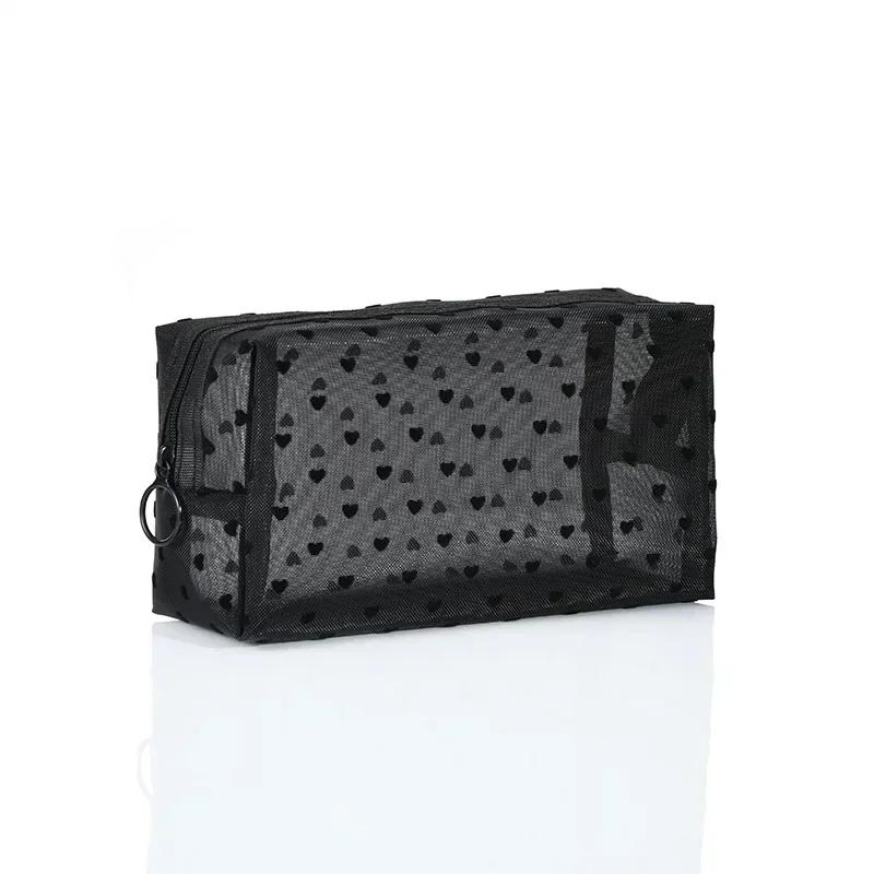 Women Cosmetic Pouch Toilet Storage Bag Ladies Toiletry Lipstick Key Coin Organizer Bags Purse Heart Transparent Mesh Makeup Bag