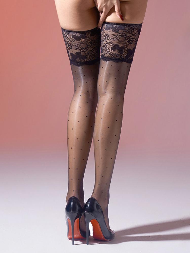 Sexy 1D Thin Stocking Lace Oil Shiny Glossy Dot Printing Fashion Above Knee Stocking Woman Lingeries Patchwork Tights Leg Shaper
