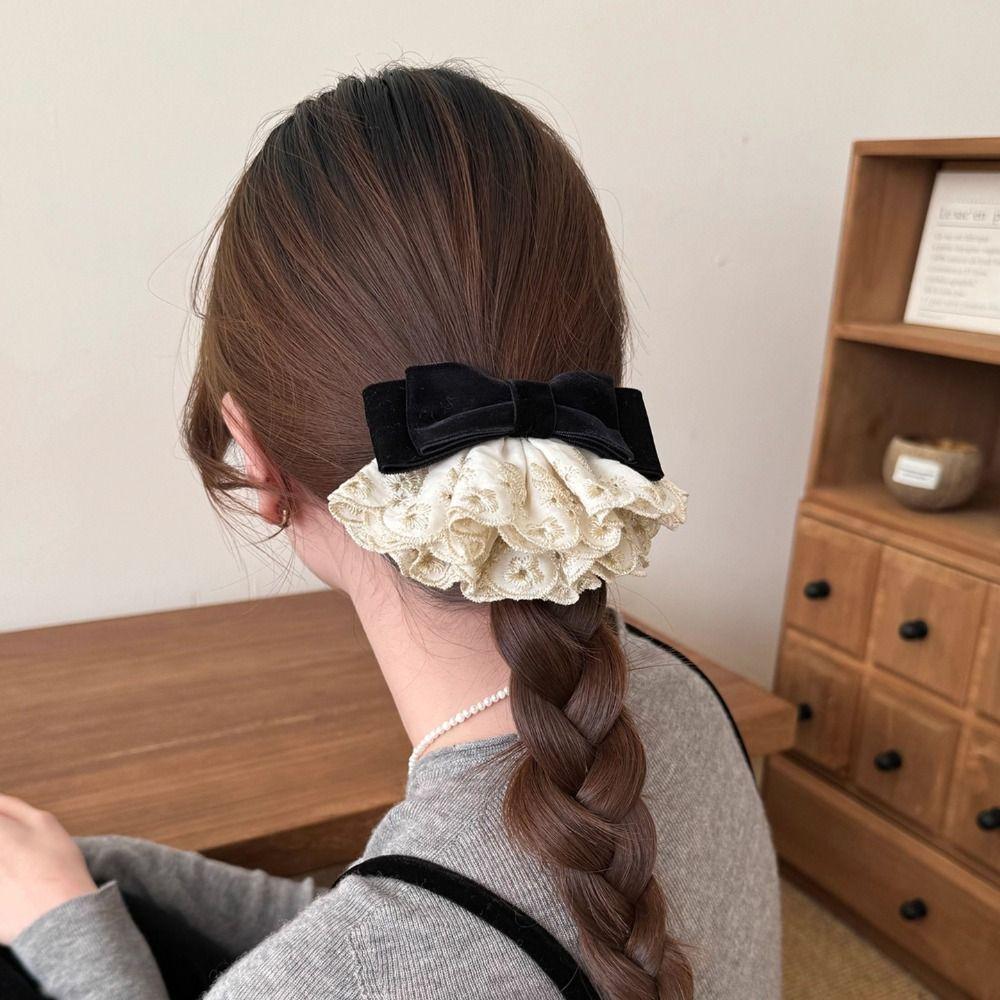 Wine Red Bowknot Spring Clip Cloth Lace Bow Hairpin Sweet Red Velvet Bow Hair Clip Girls