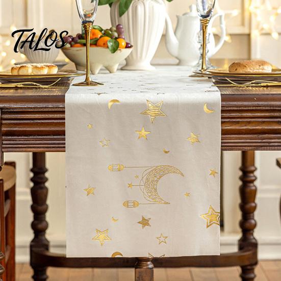 Luxury Dining Table Linen Eid Mubarak Runner, Ramadan Gold Moon Stars Tablecloth, Islamic Happy Entrance Cabinet Runner Holiday Rectangular Cloth for