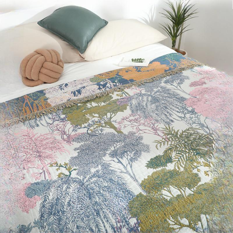 Willow Forest Throw Blanket 200x230cm,100% Cotton Blankets for Couch Bed,tassel Cotton Quilt Blankets for Farmhouse Home Decor Soft Lightweight Picnic