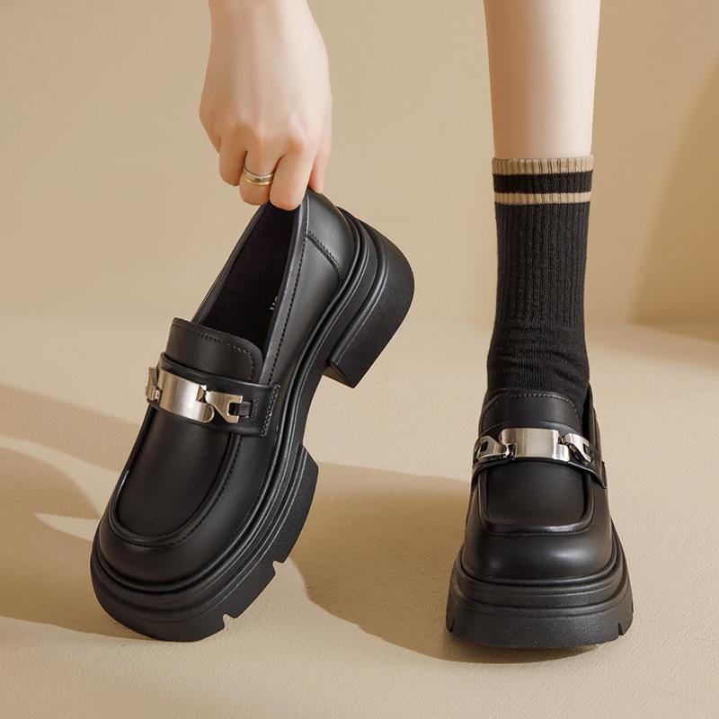 Augustine platform loafers women's 2025 spring and autumn new retro British style small leather shoes black thick heel single shoes