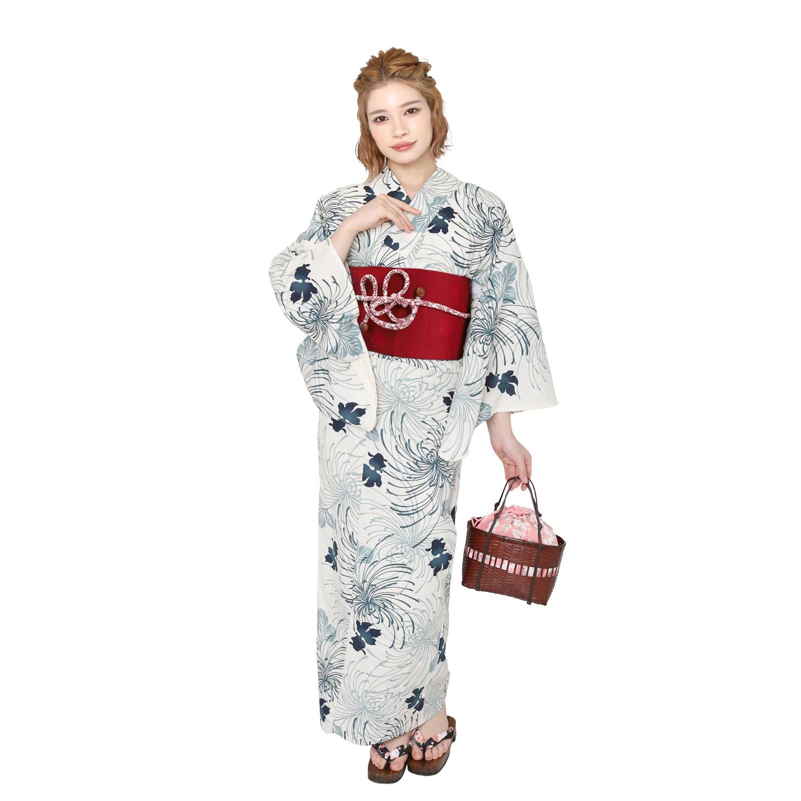 [Fuuka] Women s Yukata Set (2 pieces) - Adult, Free Size, Goldfish and Chrysanthemum Pattern (Blue & White) x Pre-tied Obi (Reddish Brown)