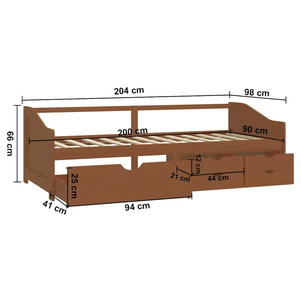 Daybed 3 Seater with Drawers Honey Brown Pine Wood 90 x 200 cm