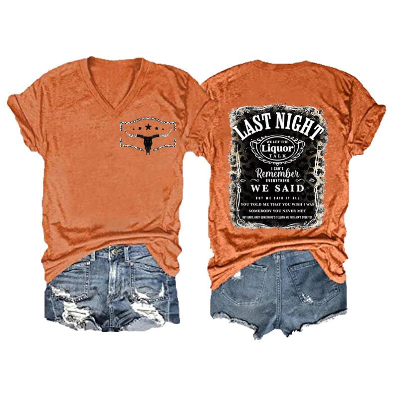 Women V‑Neck Short Sleeve T‑Shirt Double‑Sided Letter Print Casual Street Fashion Ladies Top S‑3XL