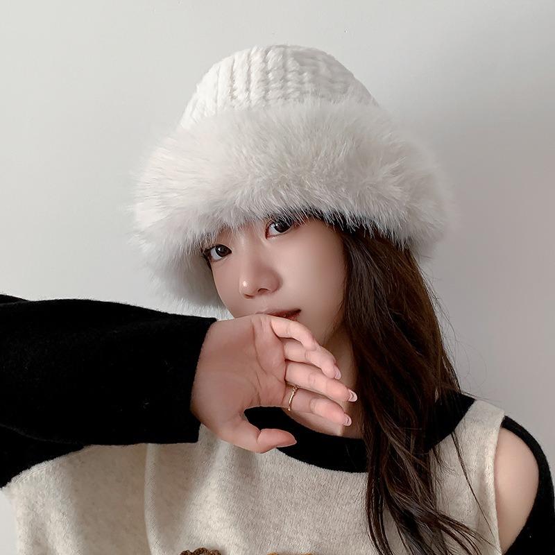 Imitation Fox Hair Plush Hat Female Winter Face Small Thickened Warm Bucket Hat Big Head Circumference Cold Basin Hat