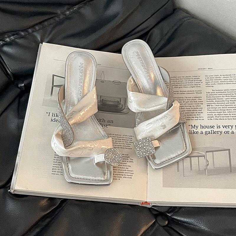 Cross-strap women's square head slippers outer wear summer new Internet celebrities popular temperament versatile open-toed high-heeled cool slippers