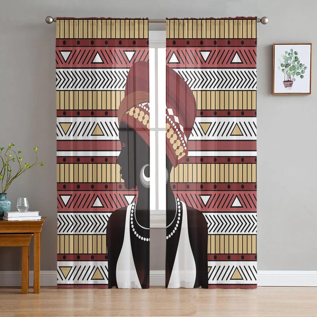 African Woman Skirt Texture Tulle Curtains for Living Room Bedroom Sheer Curtain for Balcony Hall Fashion Printed Home Drapes